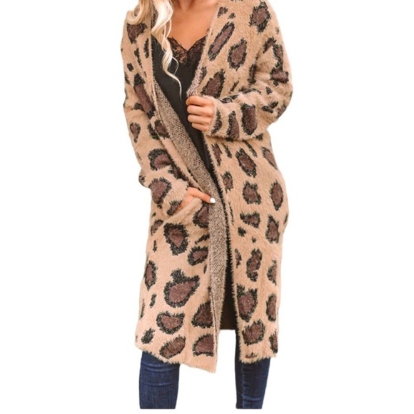 SHE+SKY, WOMENS, LONG, COZY CARDIGAN SWEATER IN BROWN LEOPARD PRINT. OS - Picture 2 of 11